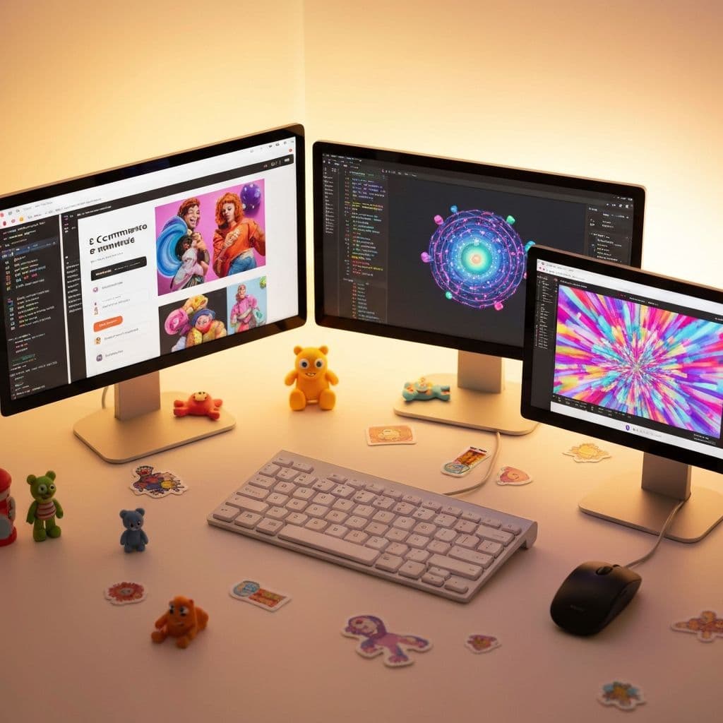 Multi-screen coding workspace showing creative projects